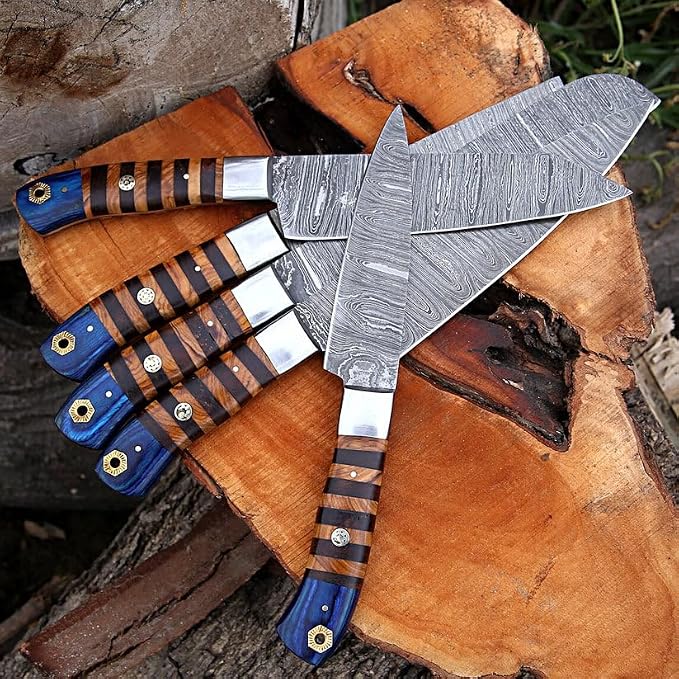 Damascus knife blades crossed showing wavy pattern