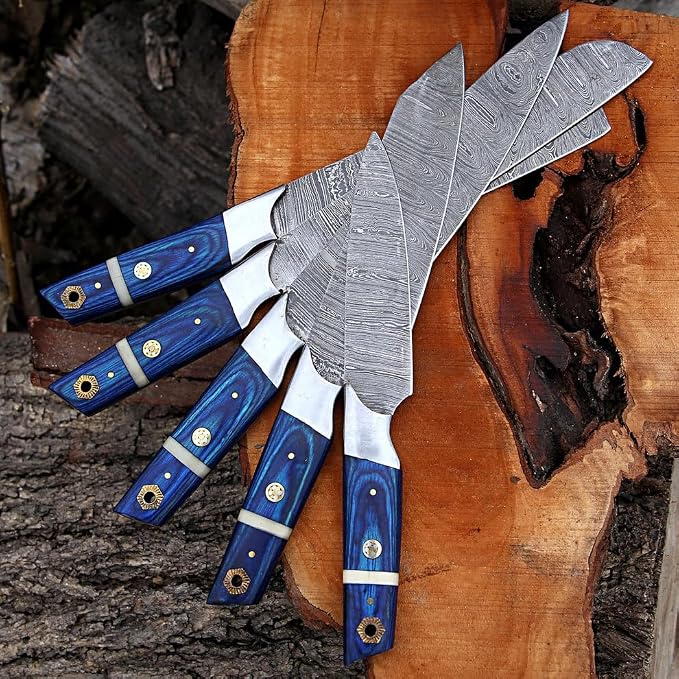 5 piece knife set with blue handles blades together