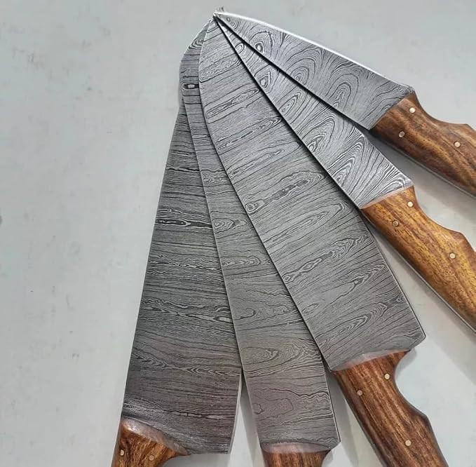 5 piece Damascus knife set fanned with wood handles