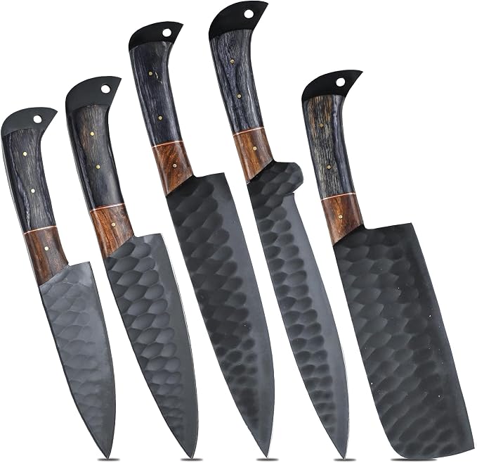 5 piece Damascus steel knife set with pakka wood handles and hammered black finish blades