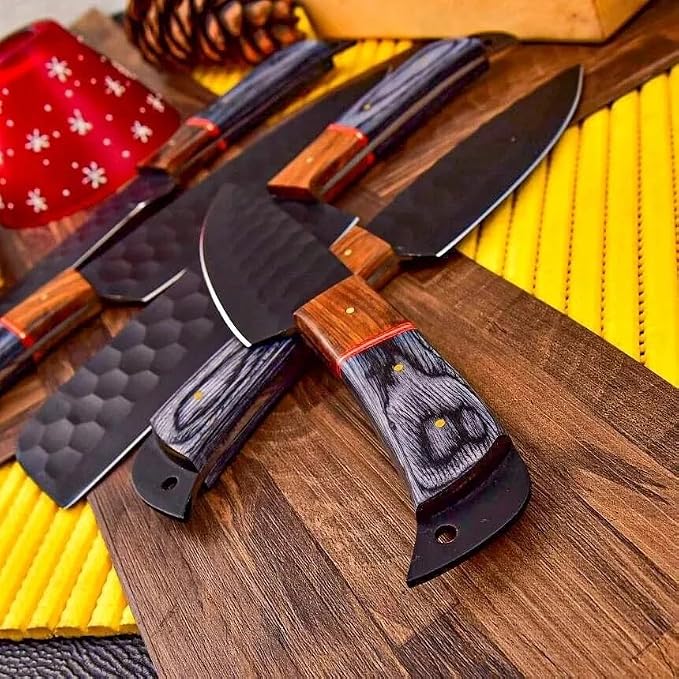 Close up of crossed knives with black blades and wood handles