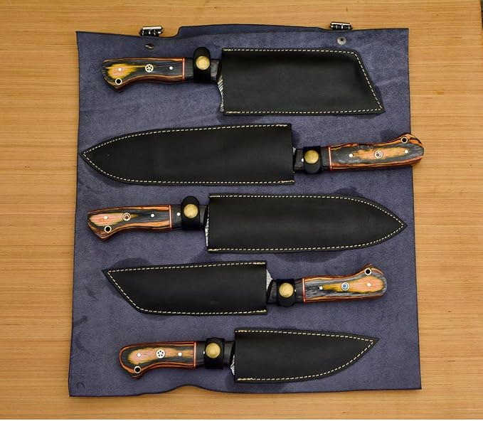 Knives secured in black sheaths inside open flat case with blue suede lining