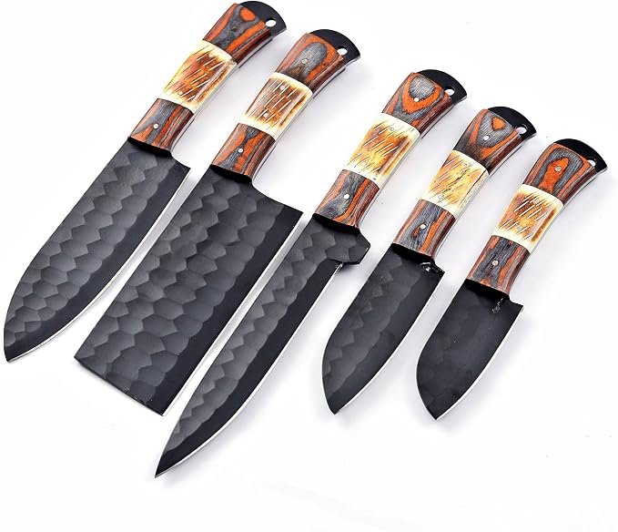 5 piece knife set with wood and bone handles on white backdrop