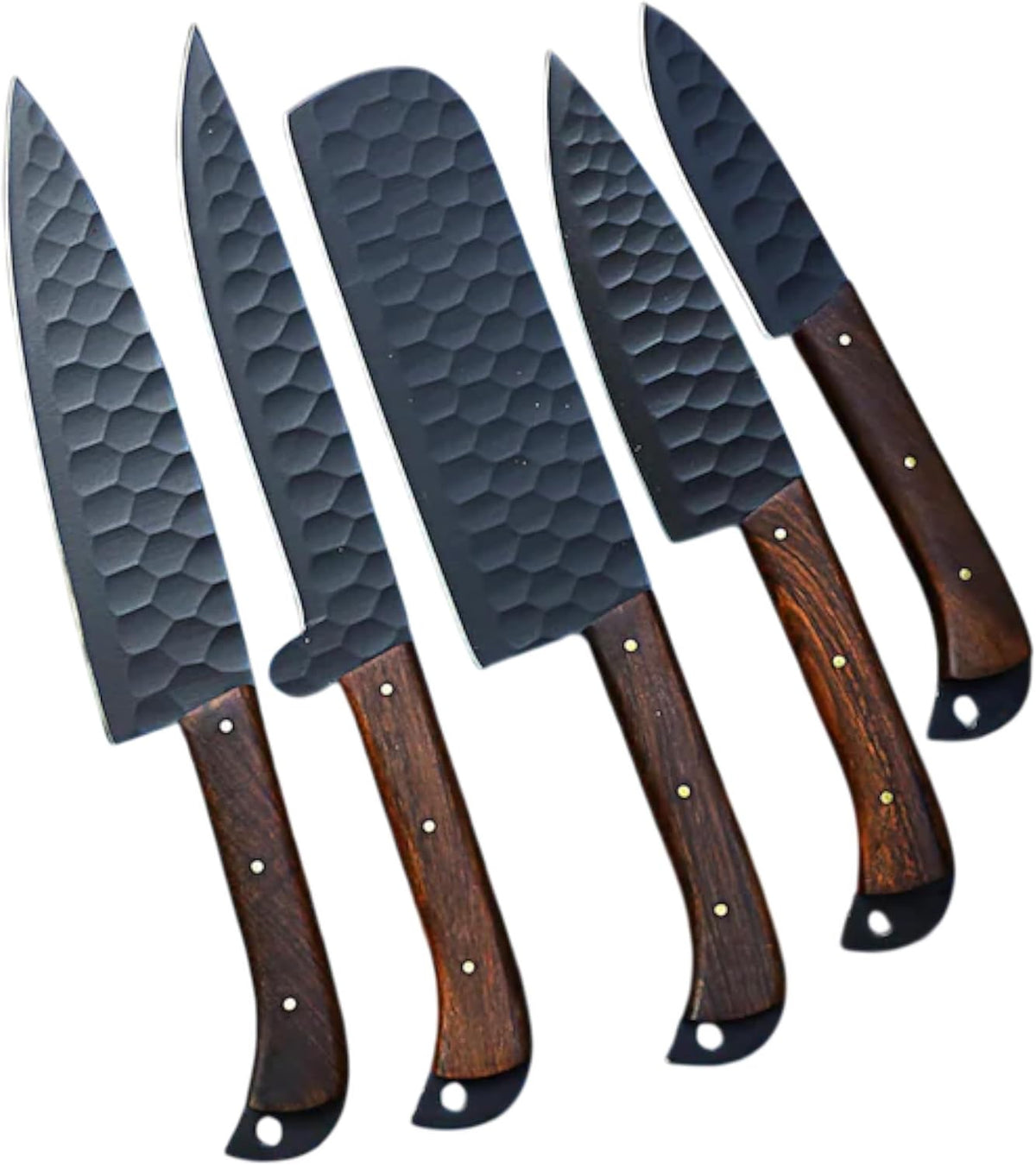 Five black hammered blades from chef knife down to paring knife on white