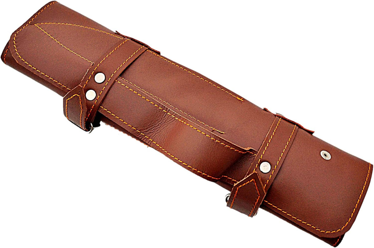 Brown leather knife roll case with buckle straps