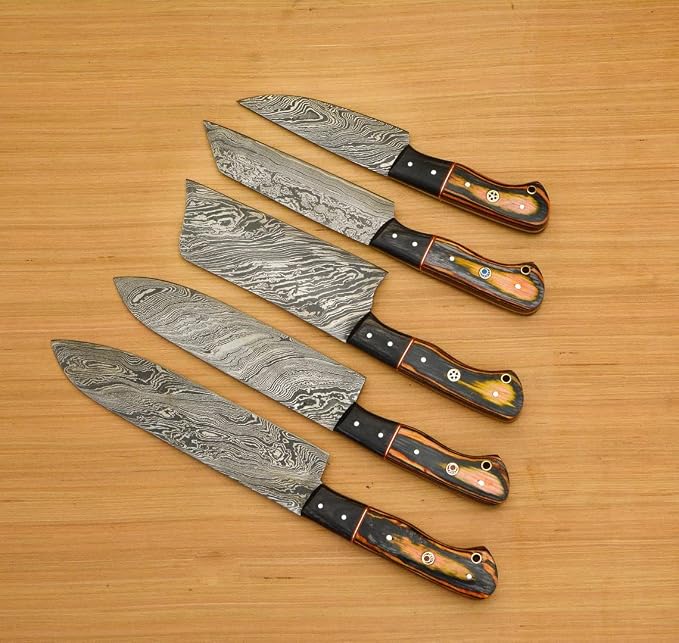 5 Damascus knives with pakka wood handles fanned in diagonal display