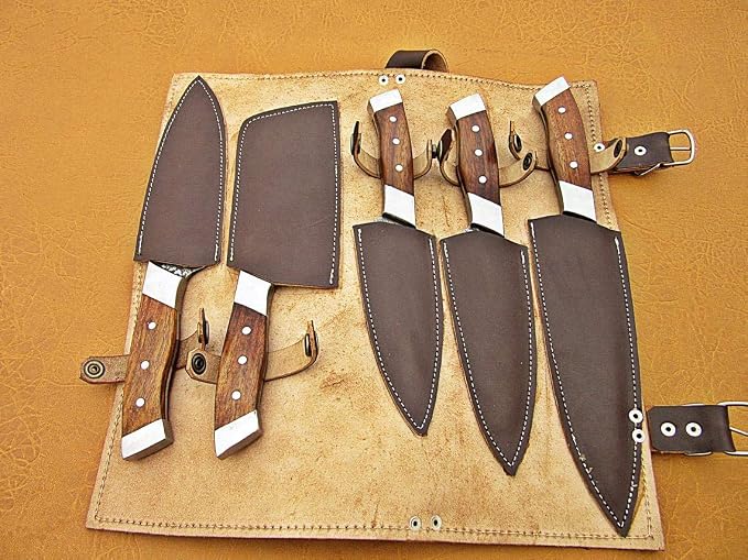 5 Pcs Damascus Steel Chef Knife Set stored in a leather roll bag with each blade inside a stitched leather cover