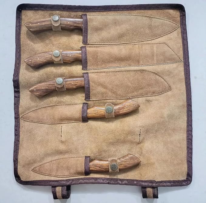 Knife roll case open with five knives in sheaths