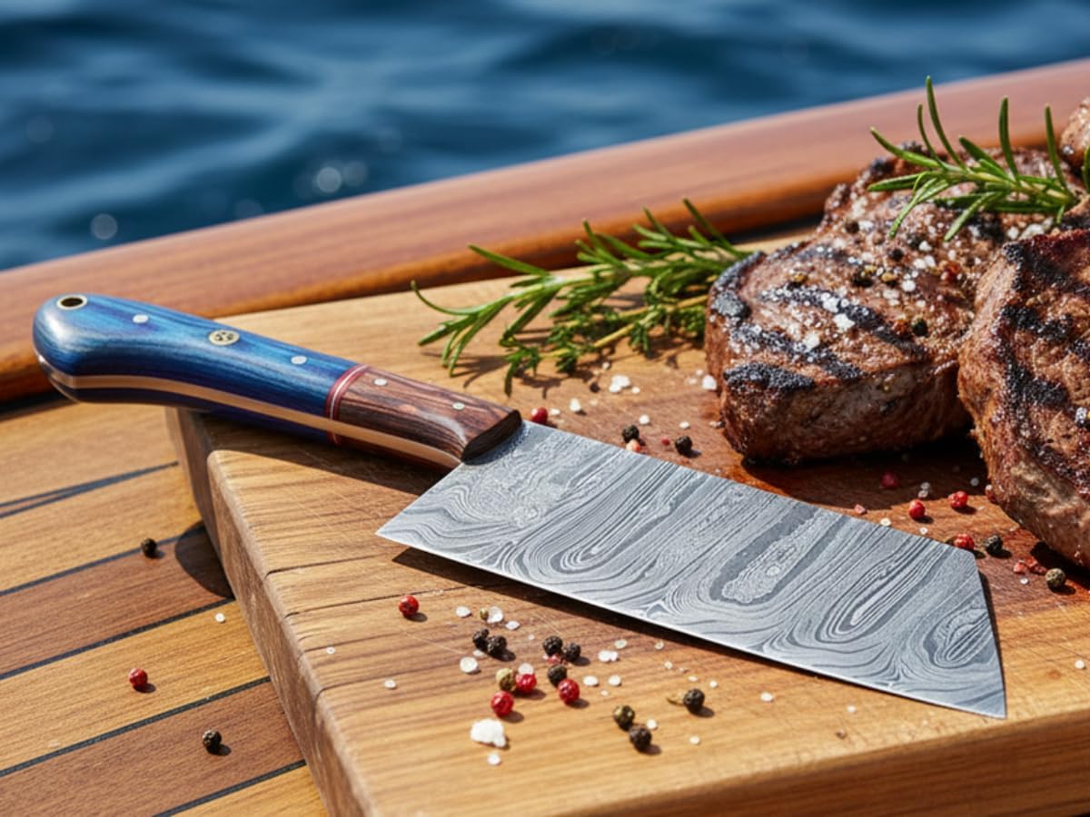 Damascus cleaver with a blue and rosewood handle beside grilled steak and rosemary