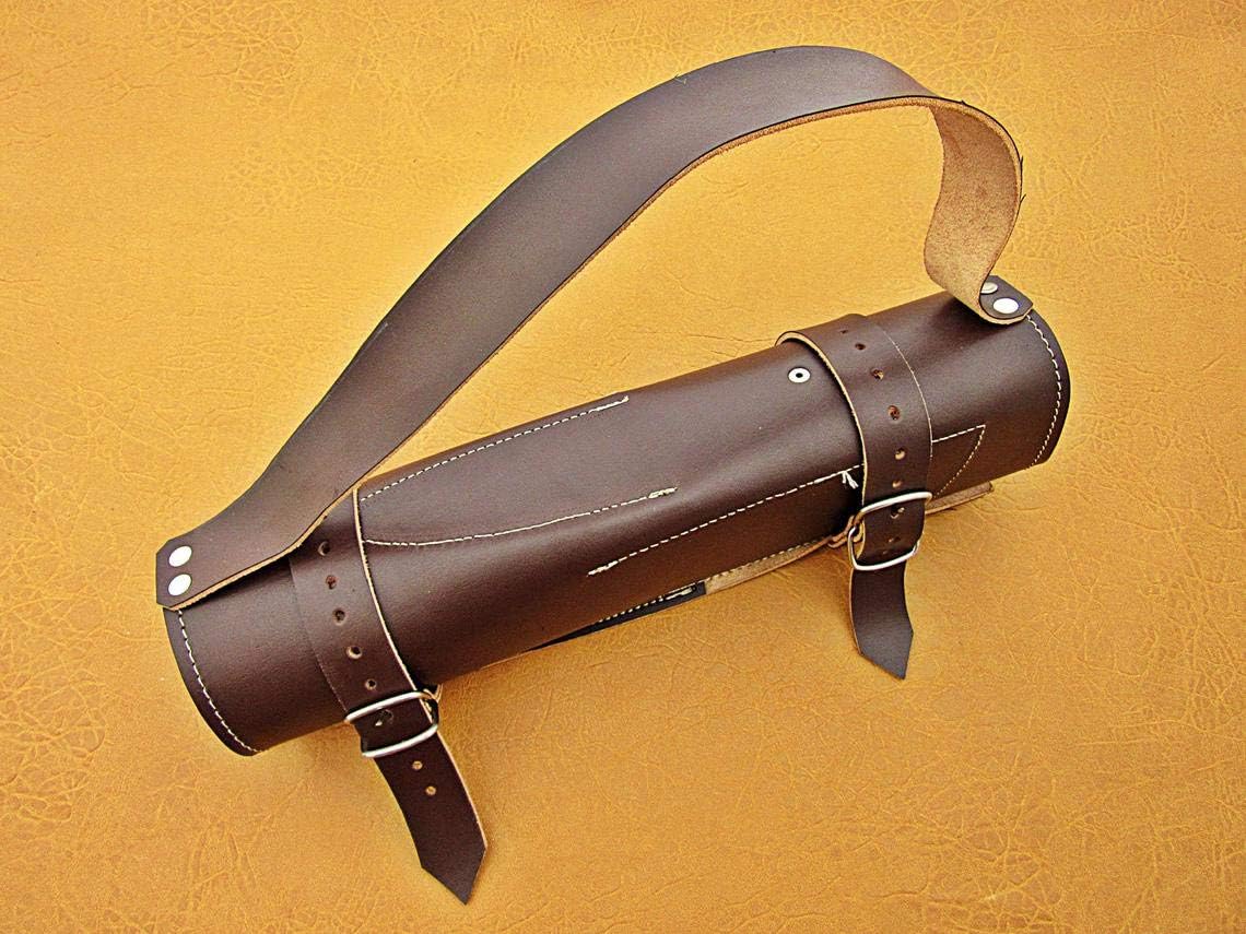 Brown leather knife roll bag for a Damascus chef knife set, rolled up with two buckle straps and a shoulder strap