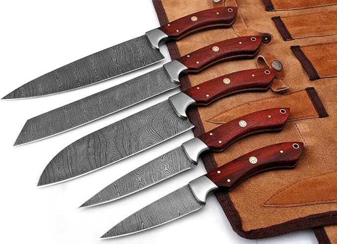 5 piece knife set with red wood handles in leather roll case