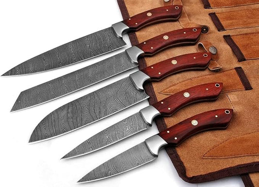 5 piece knife set with red wood handles in leather roll case