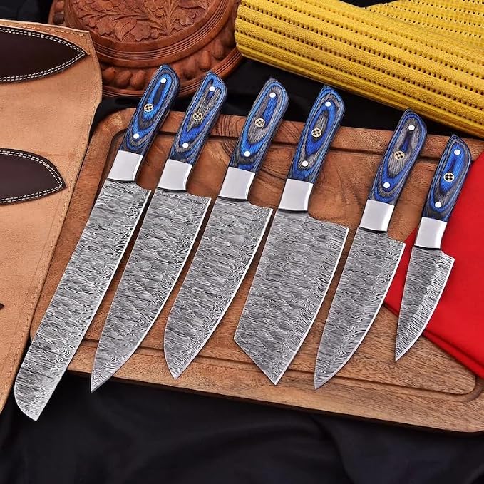 6 piece Damascus knife set with pakka wood handles fanned on wood board
