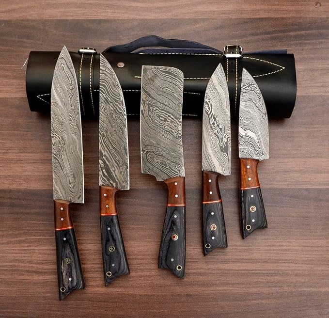 Damascus steel knife set with orange and gray wood handles beside a black roll case