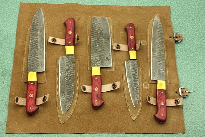 5 piece Damascus steel knife set with red pakka wood handles held in individual leather sheaths