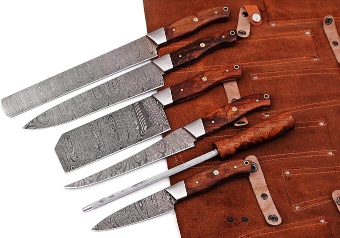Leather roll case opened at an angle showing the Damascus knives nested in their slots
