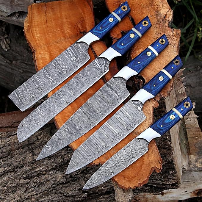 5 piece knife set with blue handles on wood log