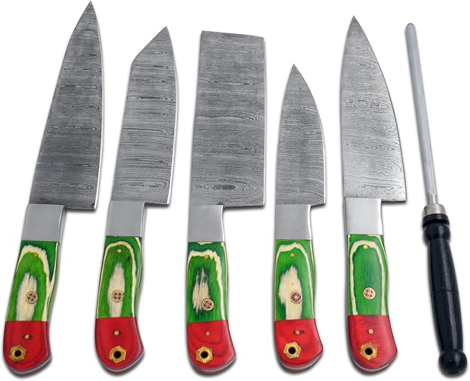 5 piece Damascus steel knife set with green and red pakka wood handles and a rod fanned on white