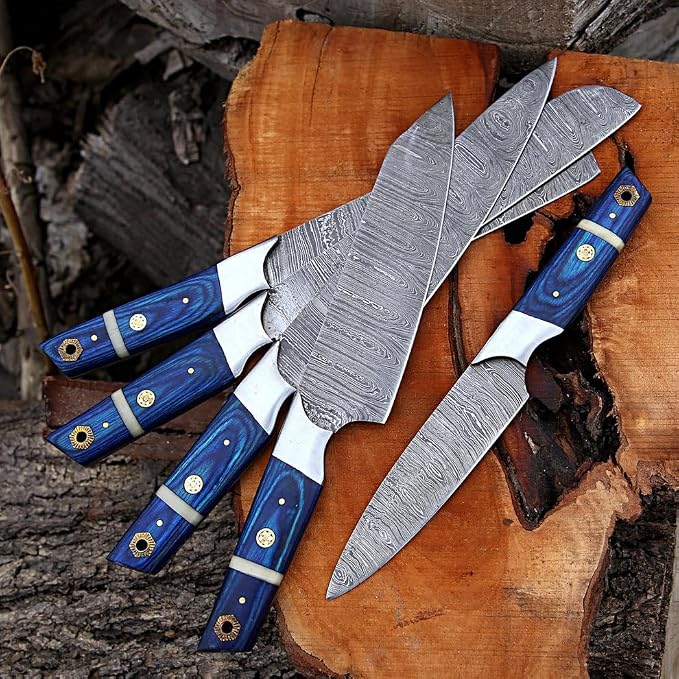 5 piece knife set with blue handles one blade separated