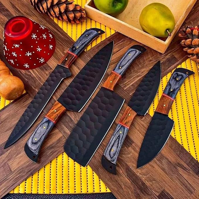 5 knives with black hammered blades fanned showing red handle accent