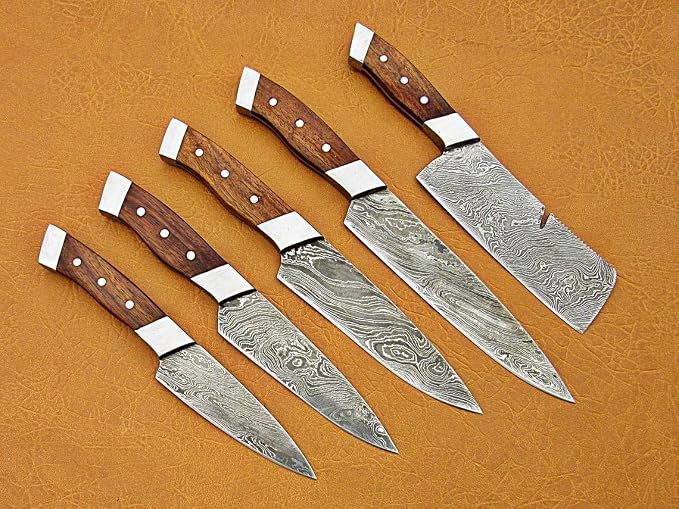 Damascus steel kitchen knife set with pakkawood handles, three pins and polished end caps, cleaver on the right