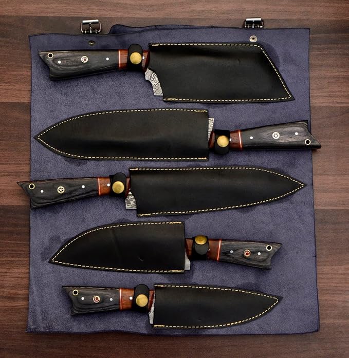 Open flat case with black sheaths and orange gray wood handle knives