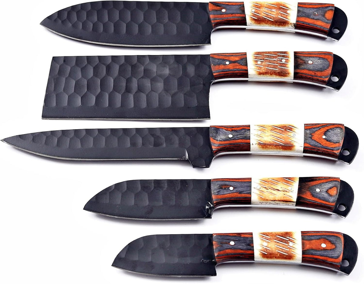 5 piece knife set with wood and bone handles arranged