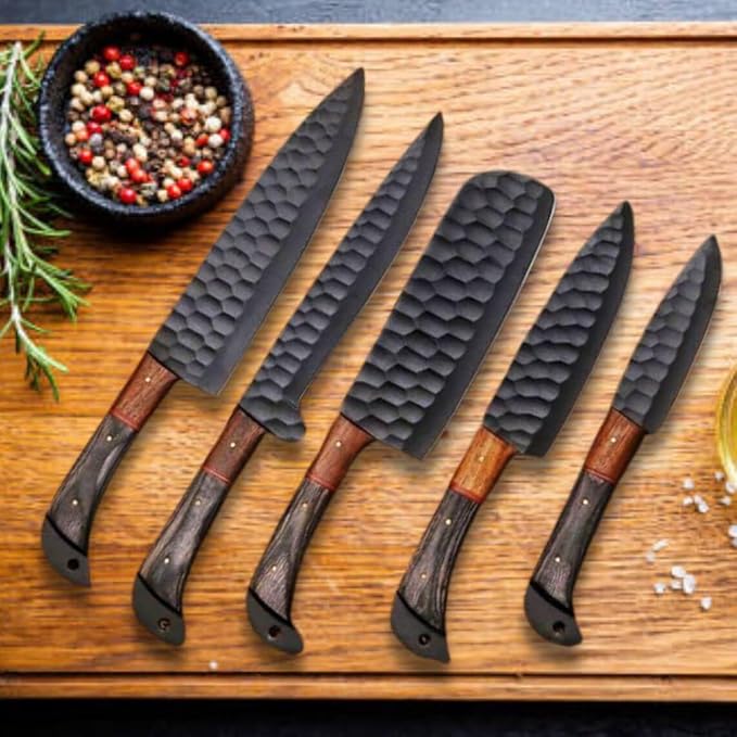 5 Pieces Damascus Steel Chef Knife Set on wood board beside rosemary, peppercorns and sea salt flakes