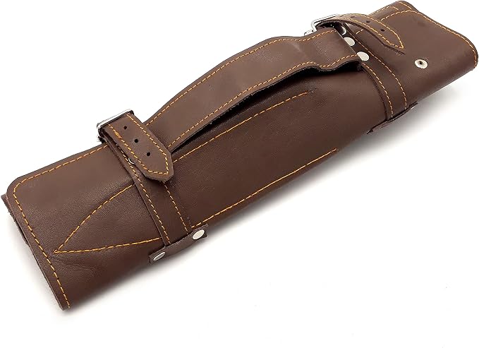 Closed brown leather roll case with buckle strap