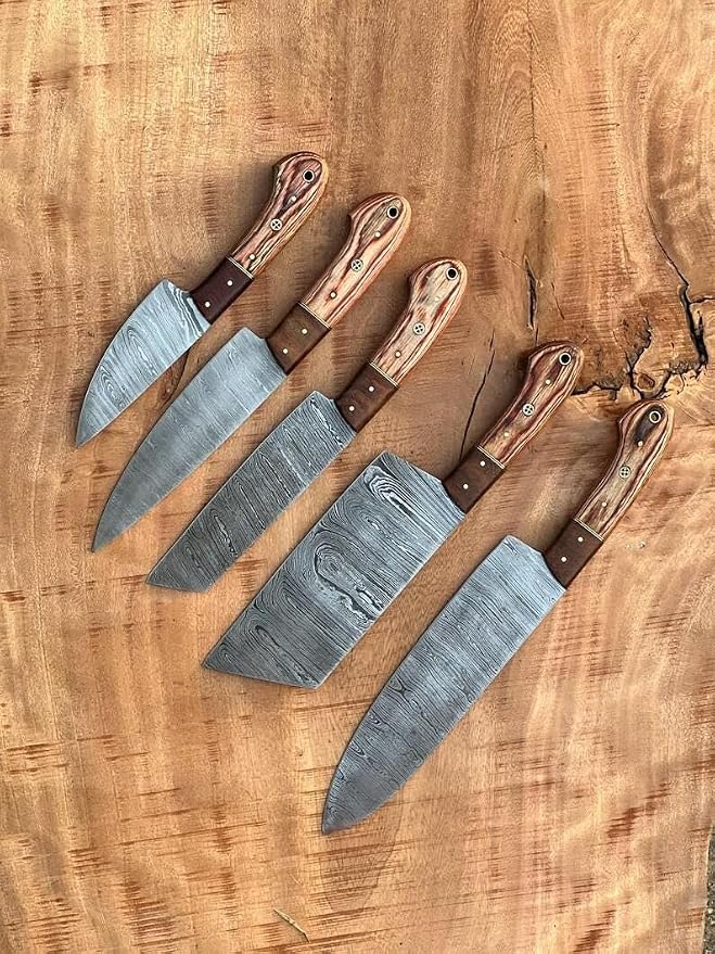 5 pieces Damascus knives with wood handles fanned diagonally