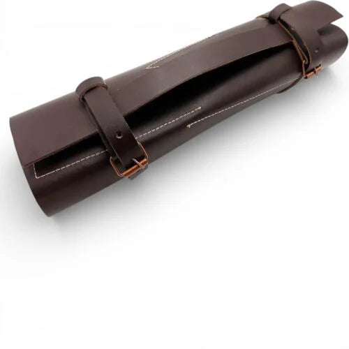 Rolled brown leather bag for safe storage and carrying of professional kitchen knives