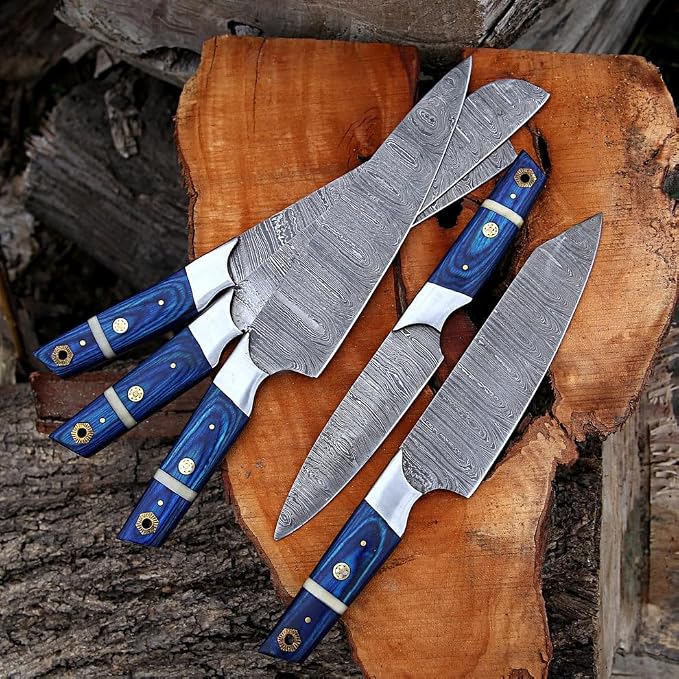5 piece knife set with blue handles fanned on wood