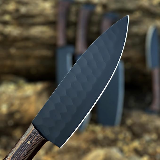 Close up of black hammered knife blade tip