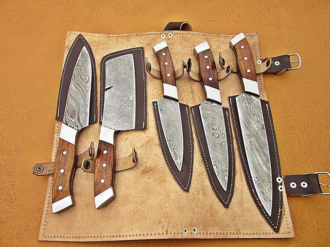 5 Pcs Damascus Steel Chef Knife Set in an open leather knife roll with dark brown blade covers and handle straps