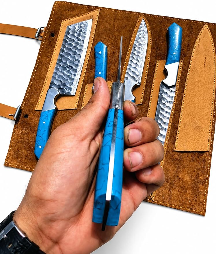 Hand holding a slim rod with blue acrylic handle beside the sheathed knife set