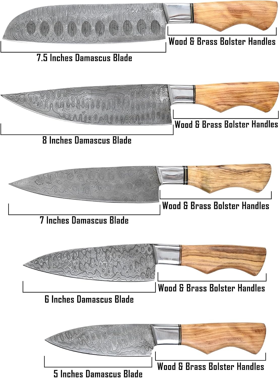 Diagram of the Sami Blades Damascus knife set listing blade lengths 5, 6, 7, 7.5, 8 in with wood and brass bolster handles
