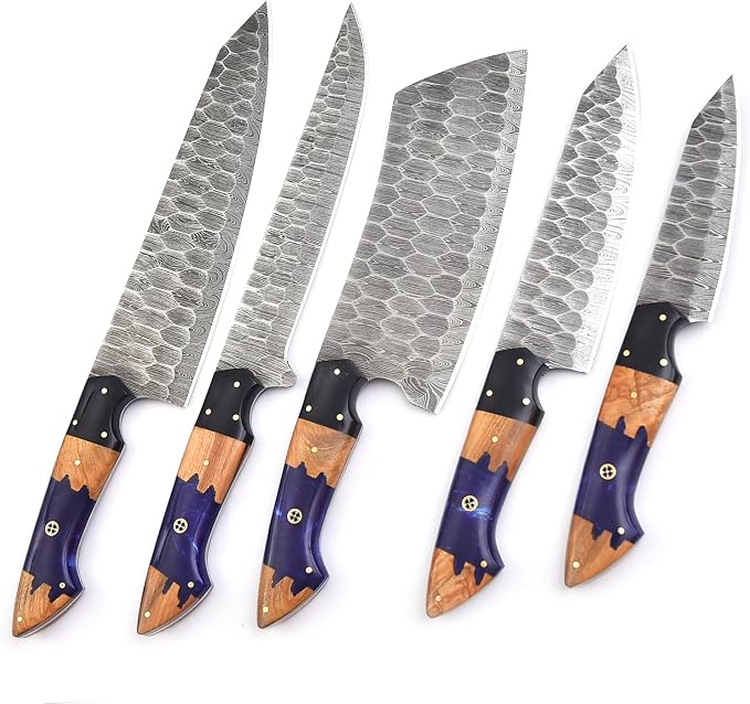 5 Pieces Damascus Knife Set, Honeycomb Hammered Blades