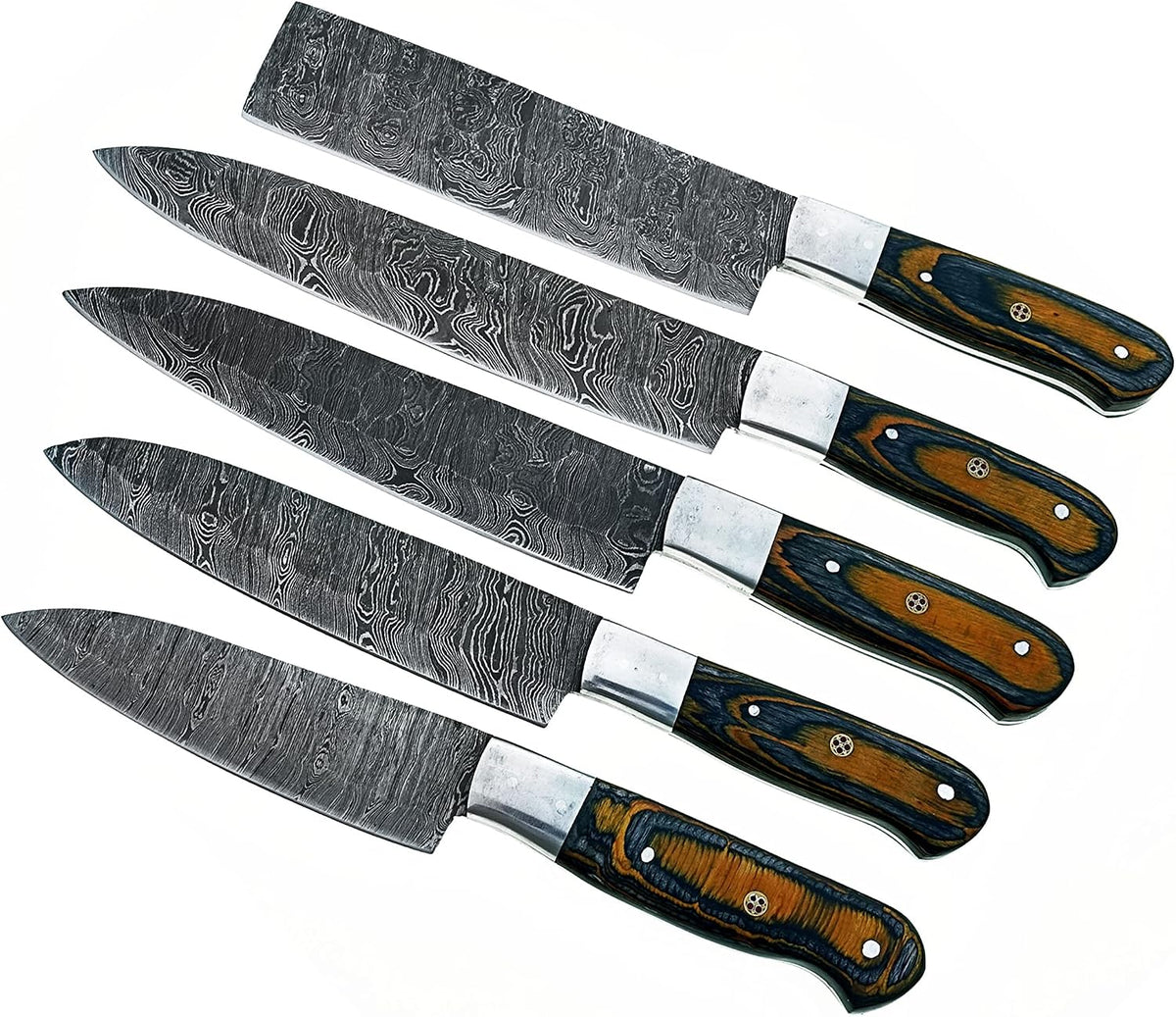 5 piece knife set with blue and yellow handles fanned