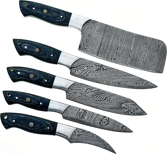 5 piece Damascus knife set with cleaver and 4 knives on white background