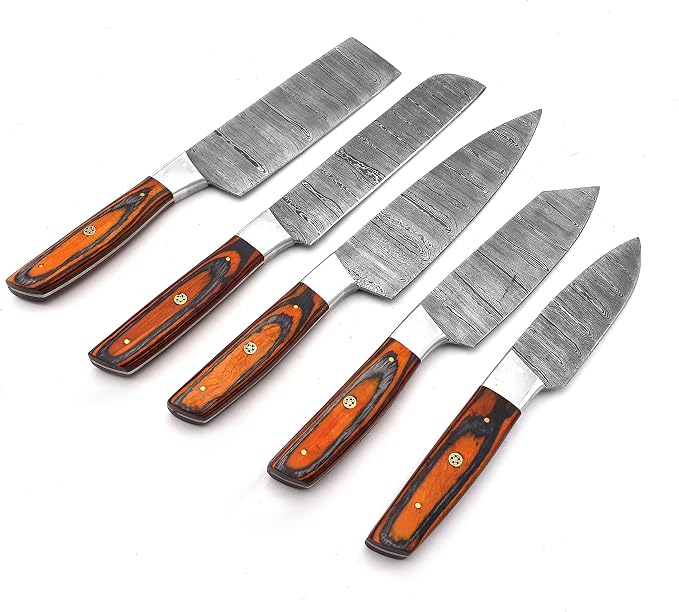 5 piece knife set with orange and black handles arranged