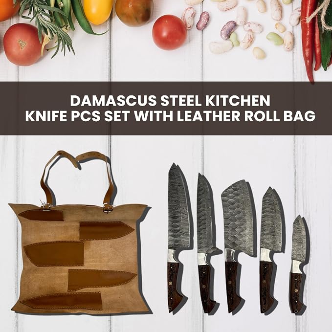 5 Pieces Damascus Kitchen Knife Set with Leather Roll Bag