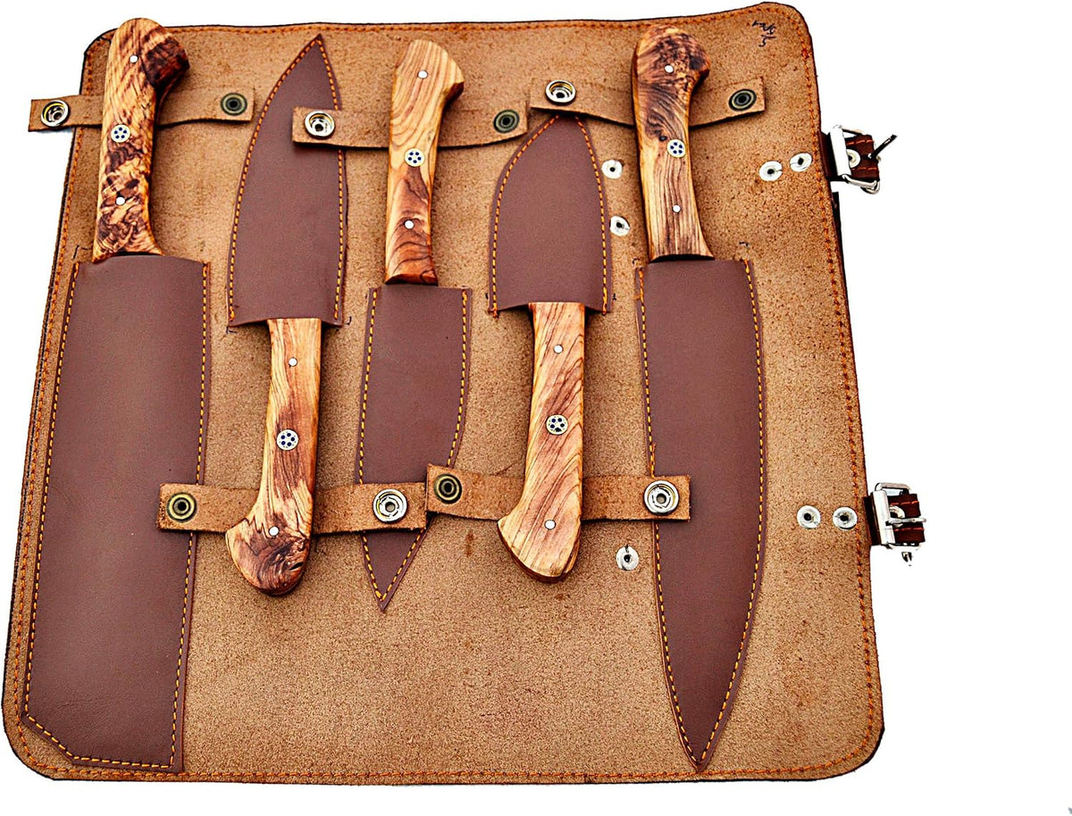Open leather knife roll with five olive wood Damascus knives under snap straps
