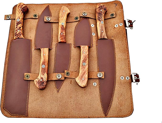 5 piece Damascus steel knife set with pakka wood handles in open leather roll case on white background