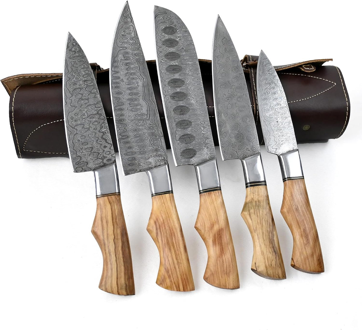 5 Pieces Sami Blades Damascus steel chef knife set with pakka wood handles fanned beside its leather roll case