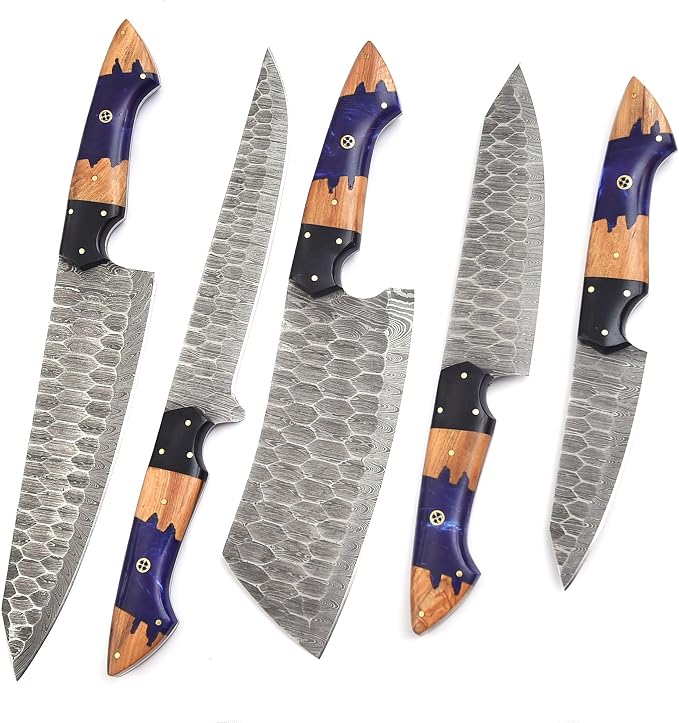 5 Pieces Damascus Chef Knife Set with Cleaver
