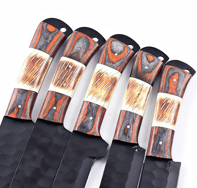 5 piece knife set with wood and bone handles close up