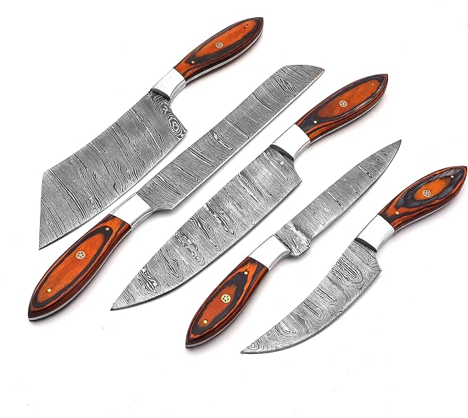 5 pieces Damascus knives with teardrop shaped handles fanned