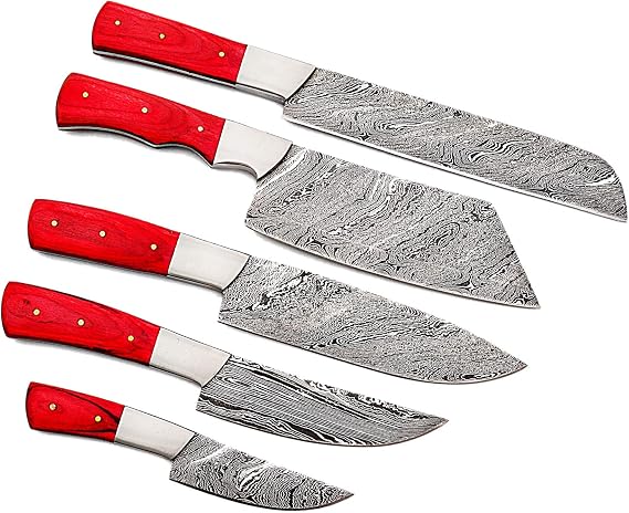 5 pieces Damascus knives with red handles fanned on white
