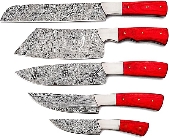5 pieces Damascus knives with red handles arranged on white