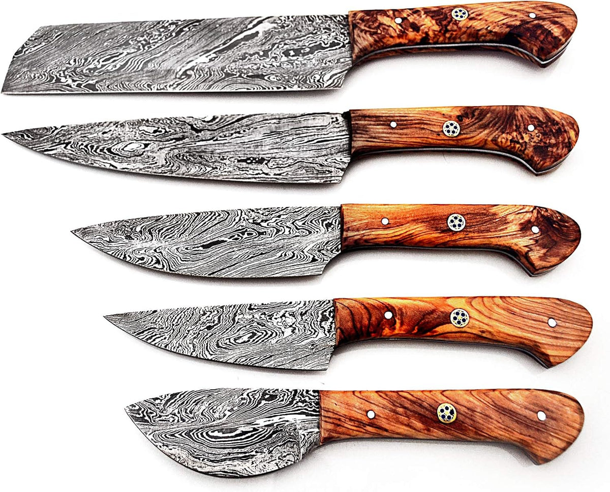 Damascus kitchen knife set of five with olive wood handles and mosaic pins